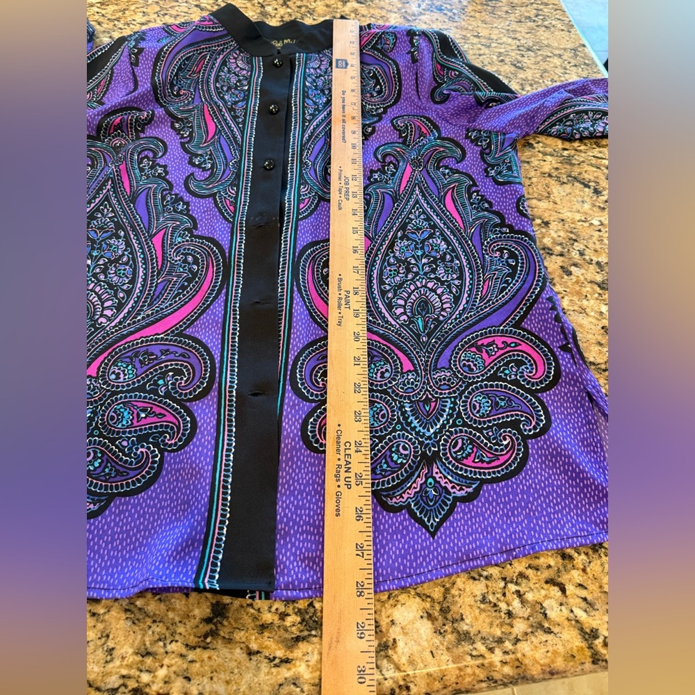 Bob Mackie Wearable Art Womens Purple Paisley Satin Long Sleeve Blouse large - Picture 5 of 7